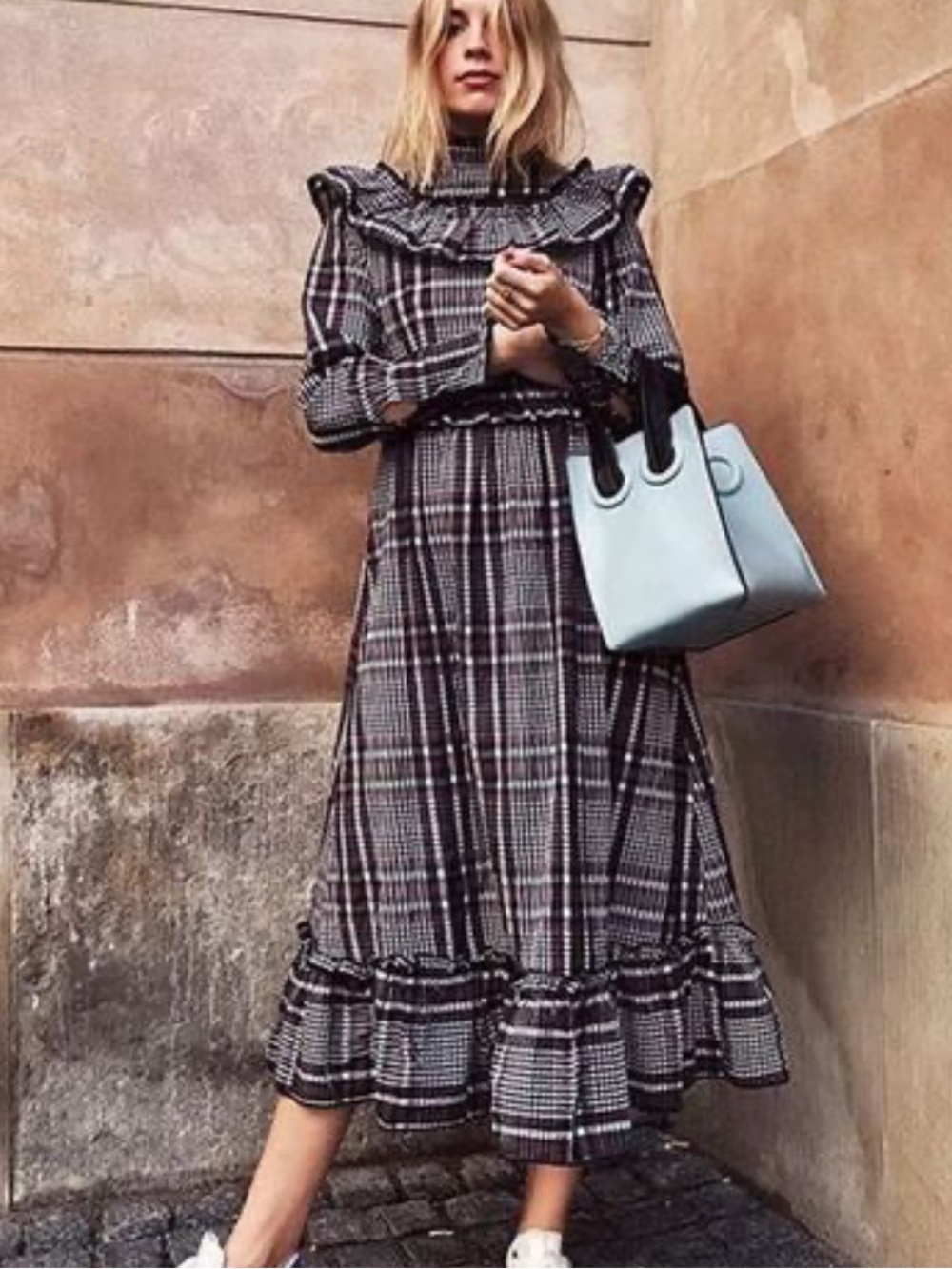 Ganni Charron Plaif Ruffle Long Sleeve Midi Dress size 38 US 8 Medium $315